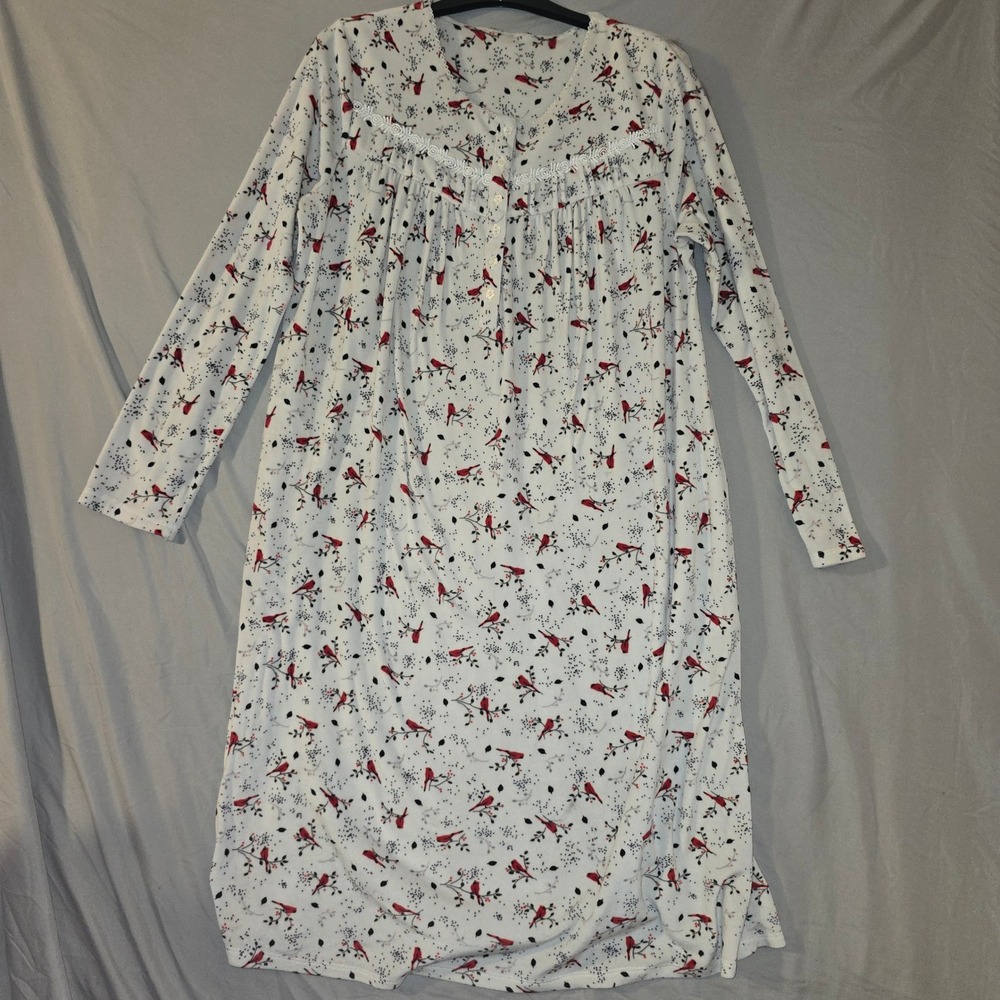 Sonoma Goods For Life Nightgown Medium Womens White Red Cardinal Fleece Pockets